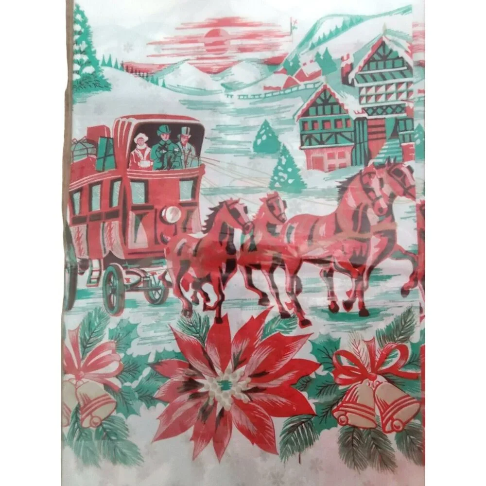 3 VTG Plastic Christmas TableCloths Cover Horse Sleigh Bells Poinsettia Holiday - Picture 5 of 9